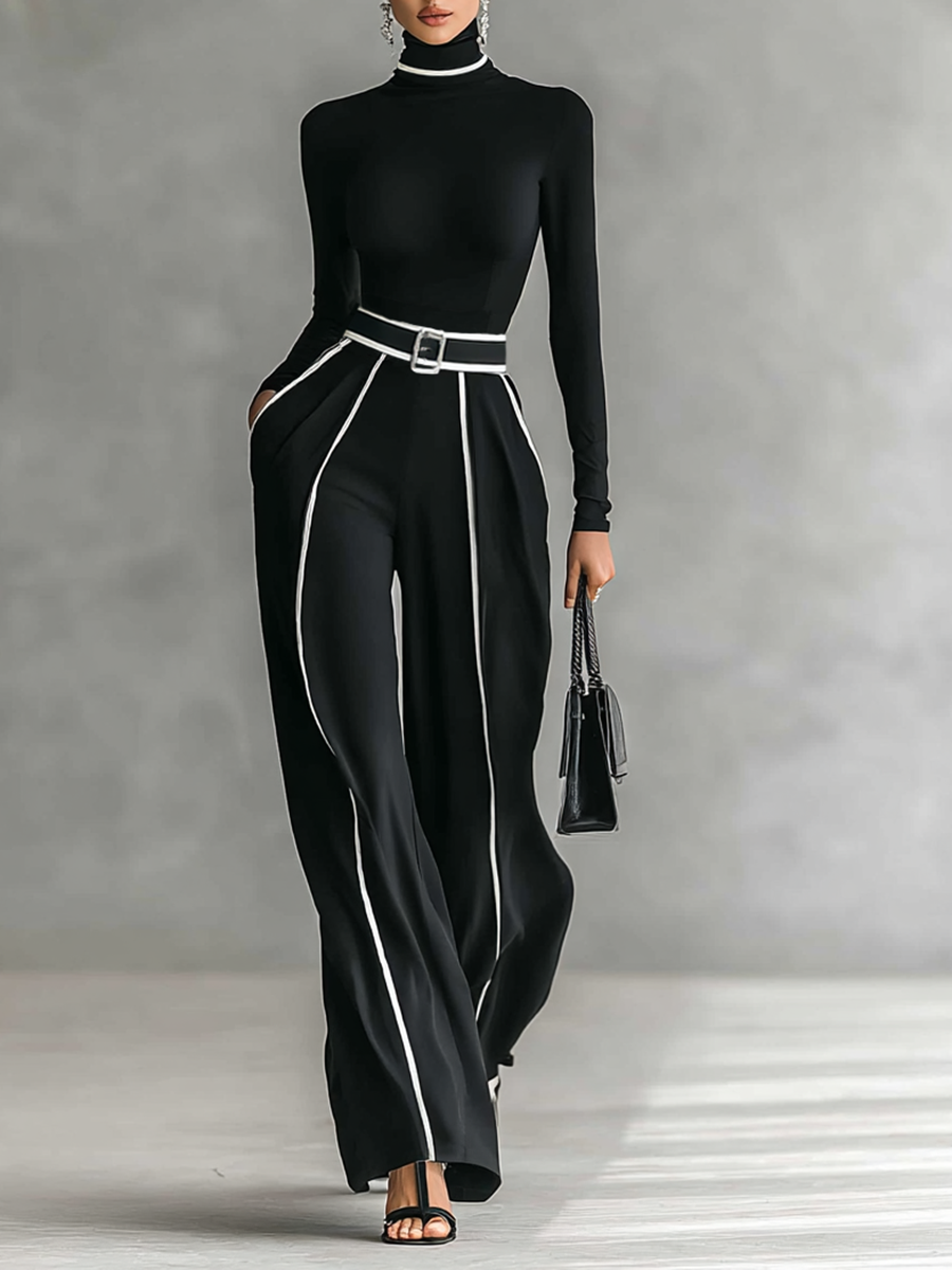 Ensemble 2 pièces à col montant et pantalon large ceinturé