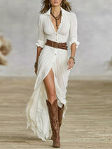 Robe longue ceinturée à revers plissés