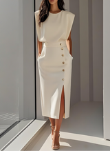 Sophie™ | Robe midi ajustée avec boutons dorés