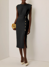 Sophie™ | Robe midi ajustée avec boutons dorés