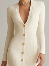 Robe midi côtelée de luxe avec boutons et décolleté plongeant