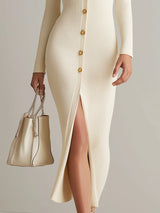 Robe midi côtelée de luxe avec boutons et décolleté plongeant