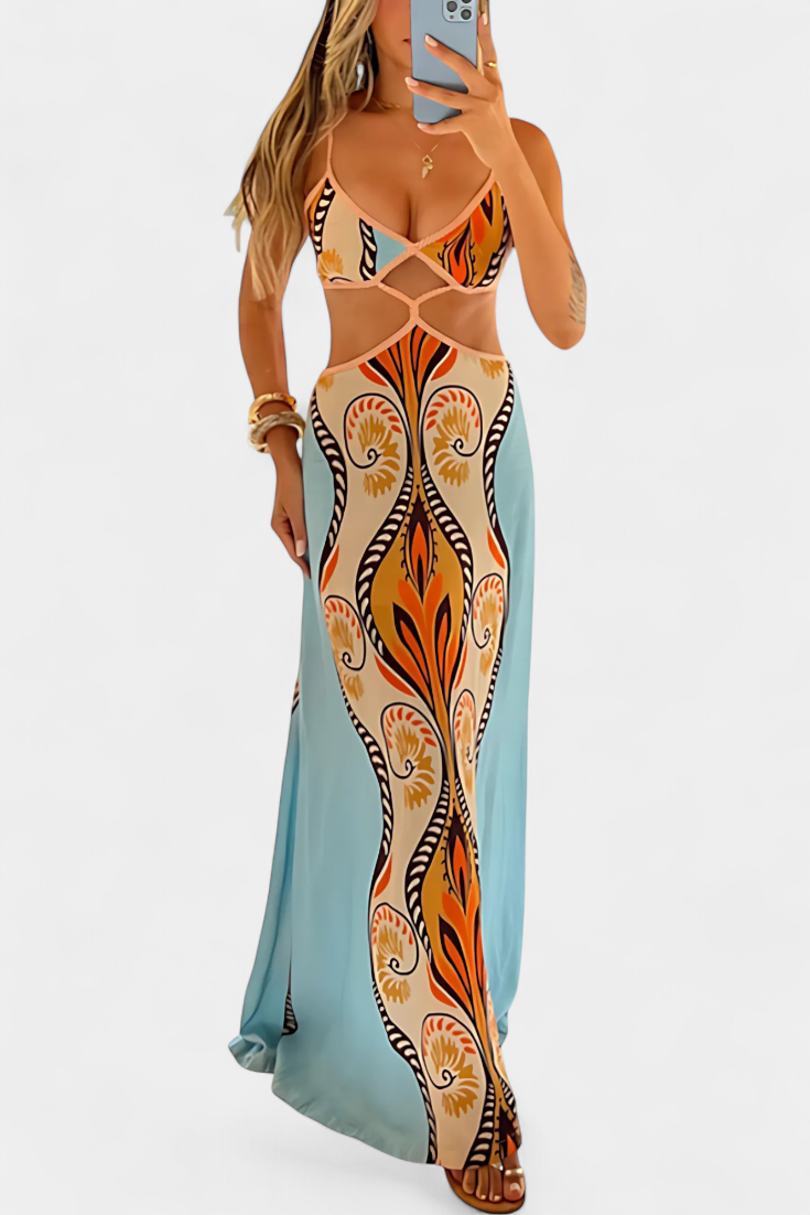 Camélia™ | Robe longue dos noué à imprimé bohème