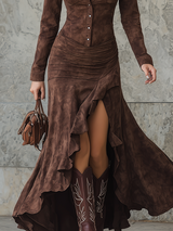Robe longue marron à volants — Élégance western chic