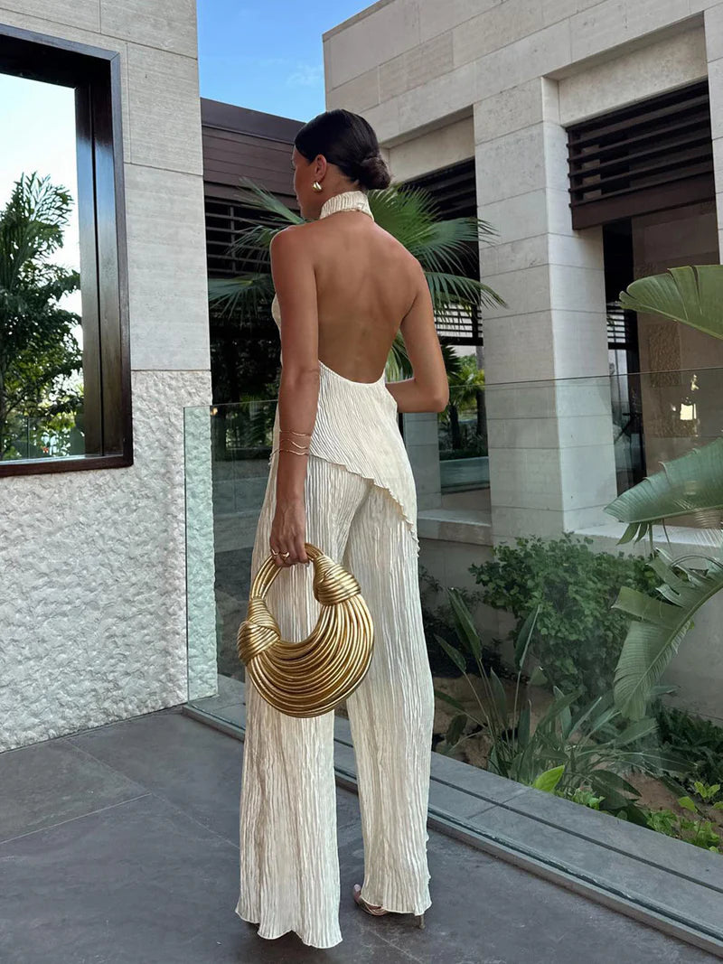 Arielle™ | Ensemble plissé avec top halter et pantalon fluide