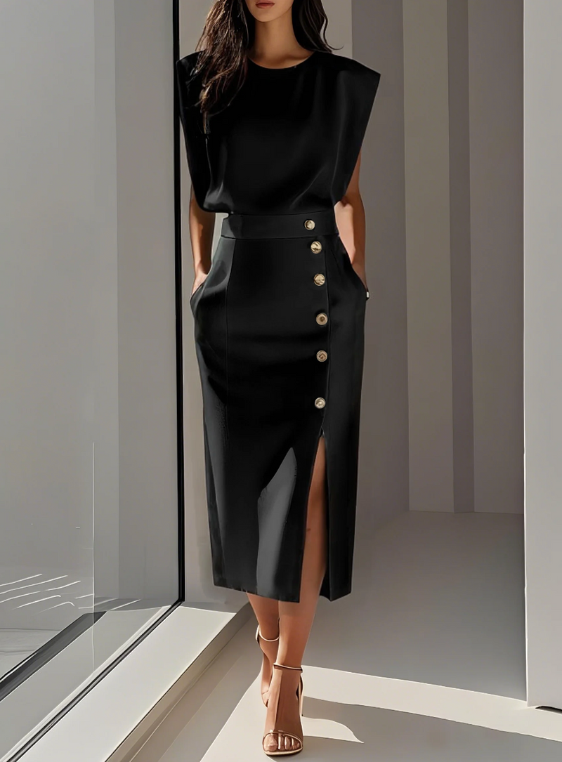 Sophie™ | Robe midi ajustée avec boutons dorés