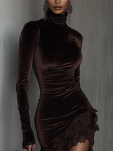 Robe Velours Asymétrique à Col Montant