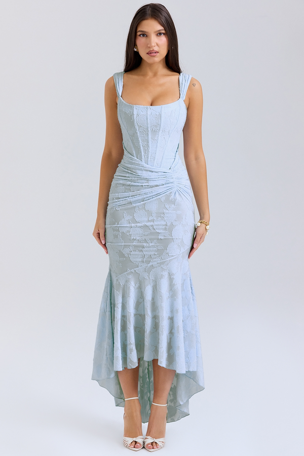 Robe AURÉLIA bleue maxi longueur avec ourlet asymétrique et taille froncée