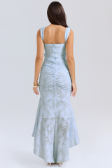 Vue arrière robe AURÉLIA bleue montrant détails dos et coupe sculptante