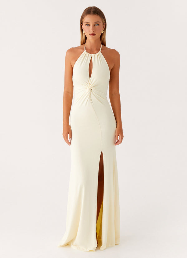 Robe longue blanche minimaliste avec col américain et fente