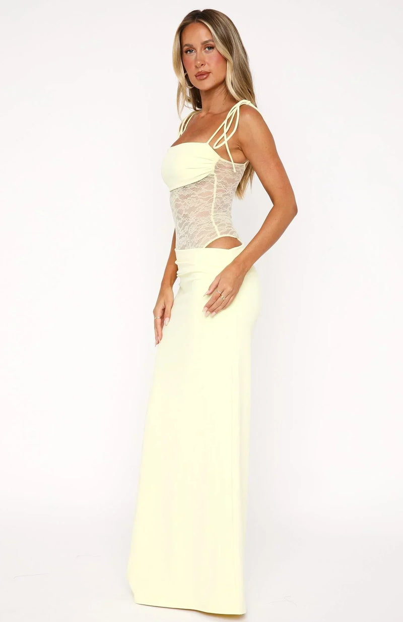 Robe longue jaune pâle femme, corsage structuré et fente élégante