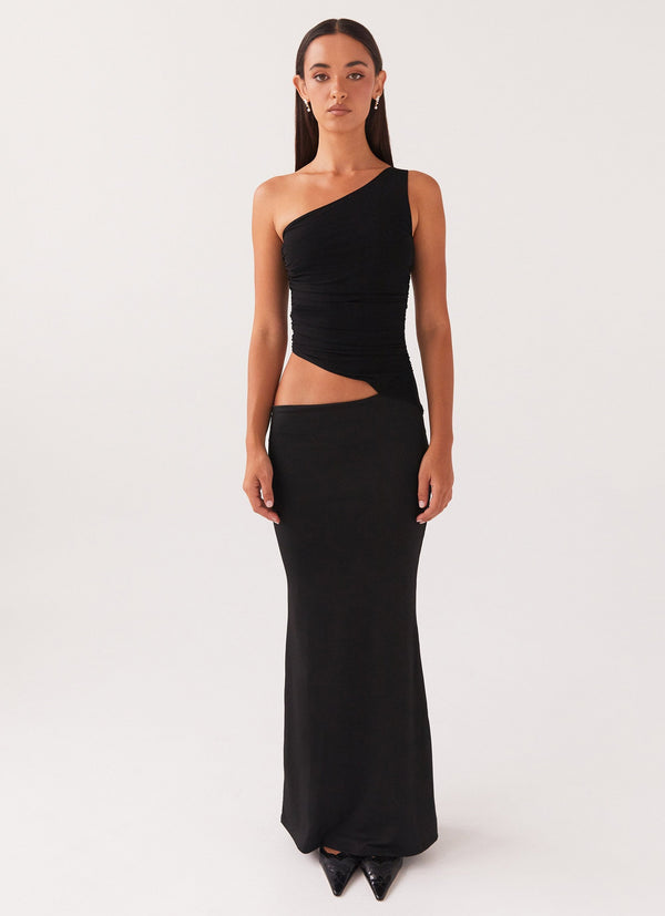 Deuxième vue frontale de la robe asymétrique noire à une bretelle