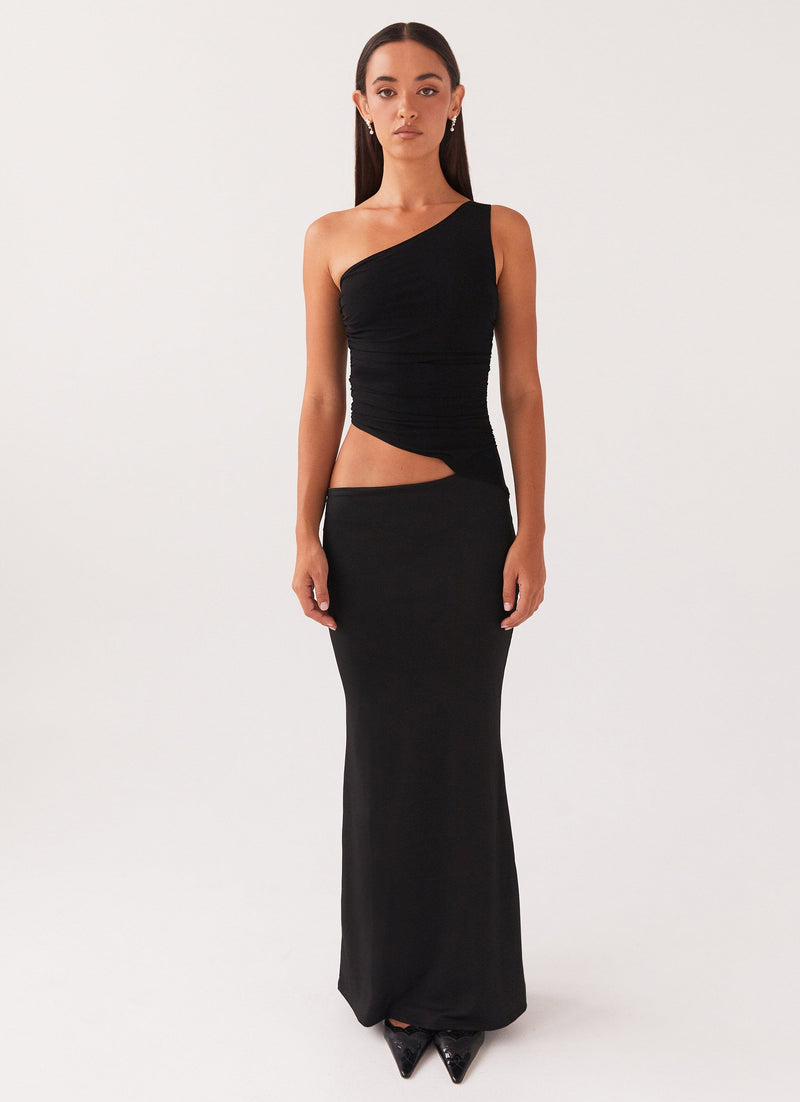 Deuxième vue frontale de la robe asymétrique noire à une bretelle