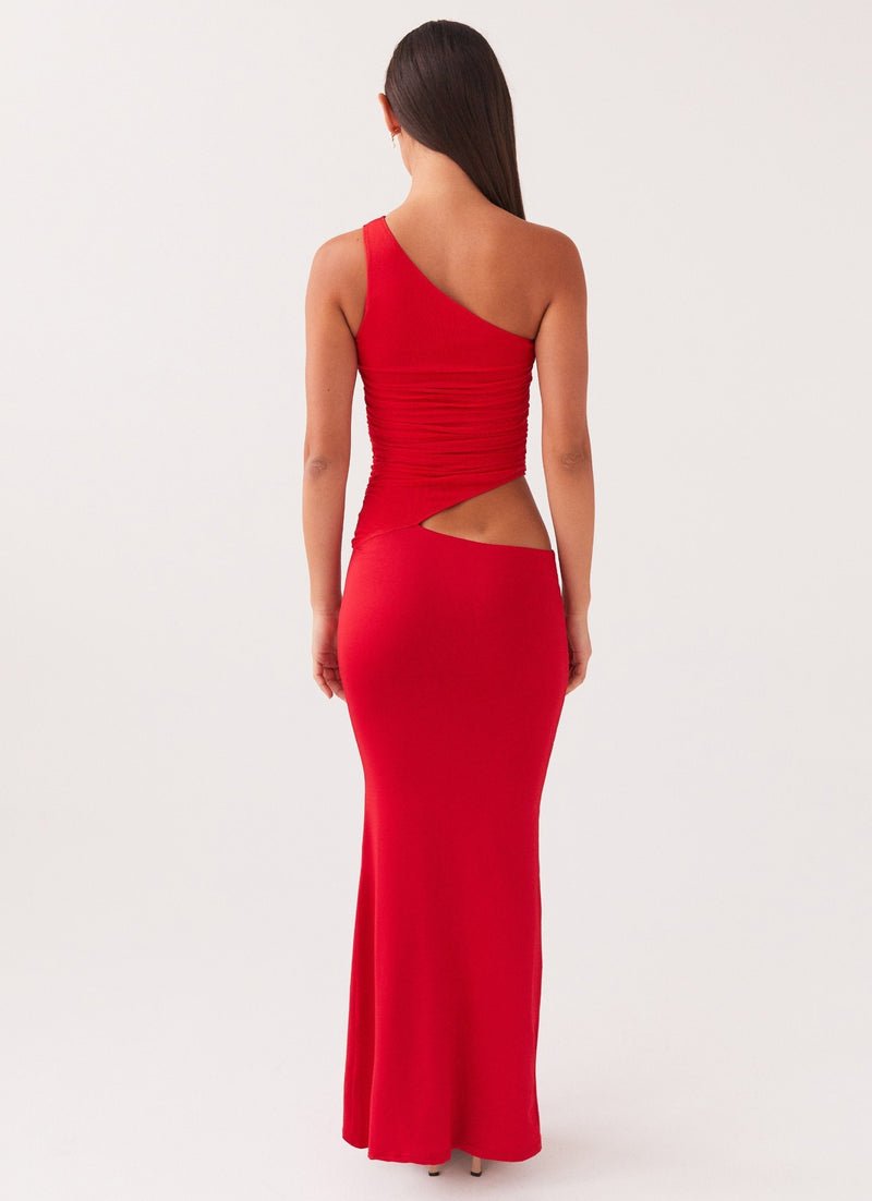 Dos ouvert robe rouge asymétrique, coupe élégante et fluide