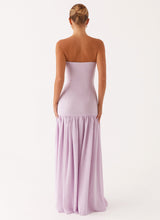 Vue arrière de la robe bustier lavande longue femme