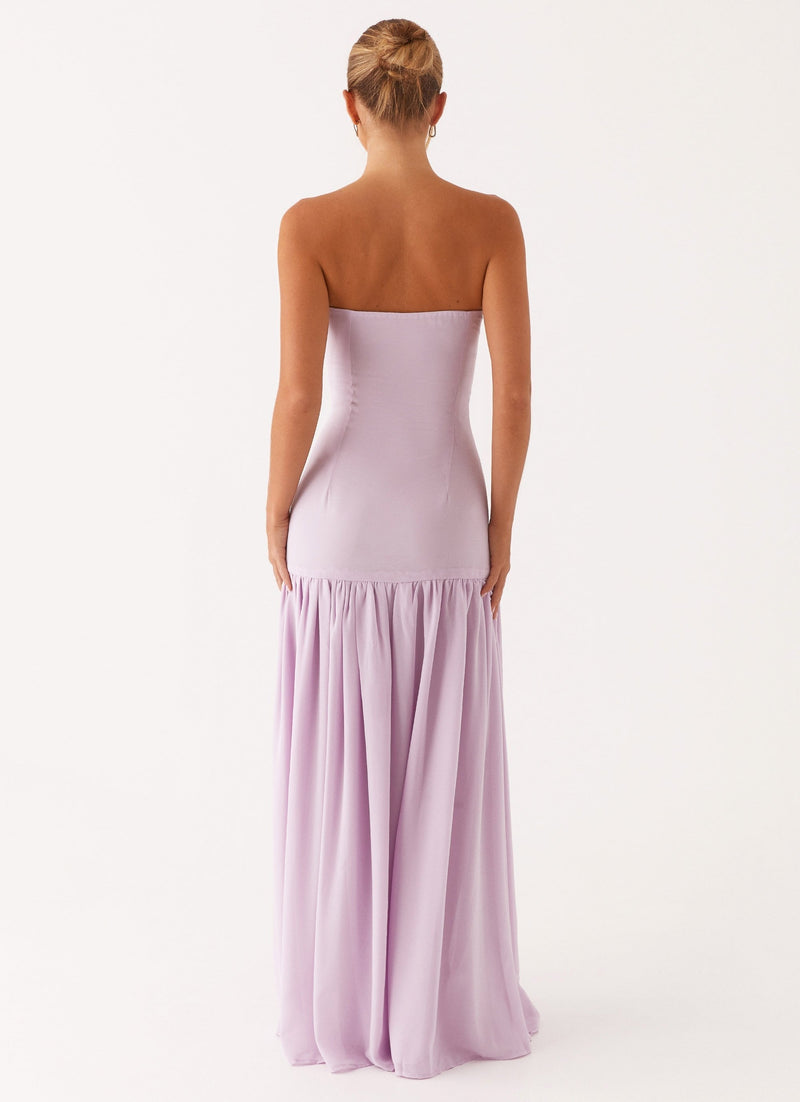 Vue arrière de la robe bustier lavande longue femme