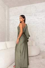 Vue de profil robe longue vert gris élégante