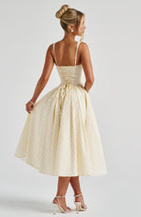 Vue arrière du laçage ajustable – robe midi jaune Cœur Vintage