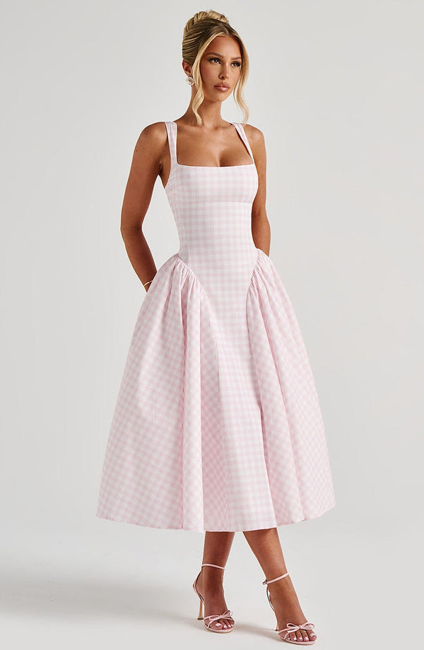 Robe midi rose à carreaux vichy – vue de face classique