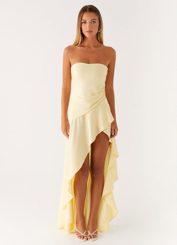 Robe bustier longue femme jaune pâle asymétrique et fluide